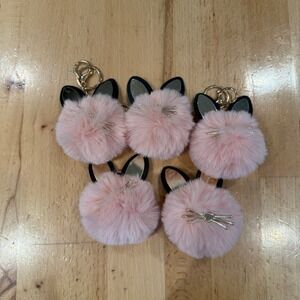 5 Pack Pink Pom Pom Rabbit Keychain Charm Faux Fur Gold Accents